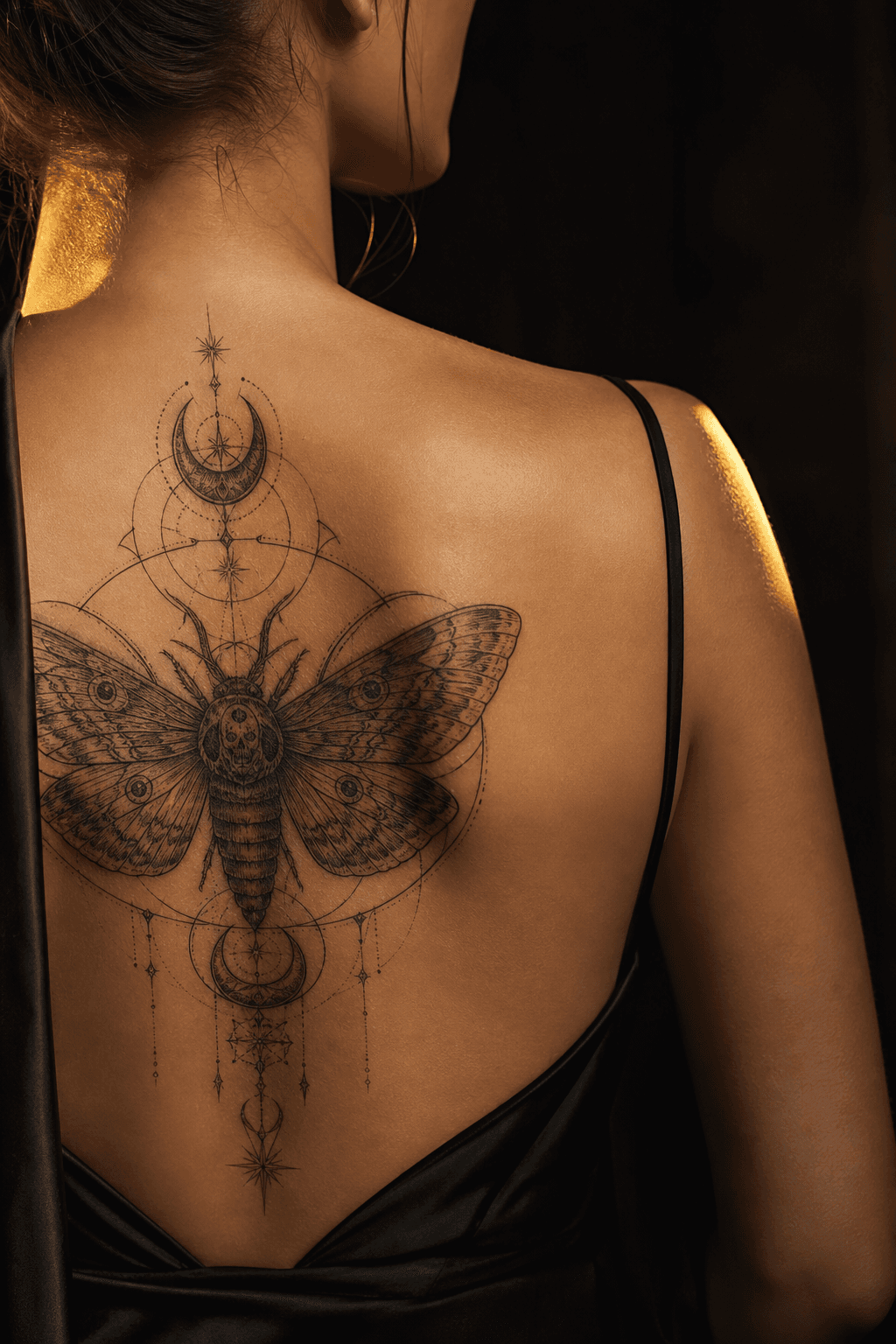 Large blackwork moth tattoo across an adult upper back