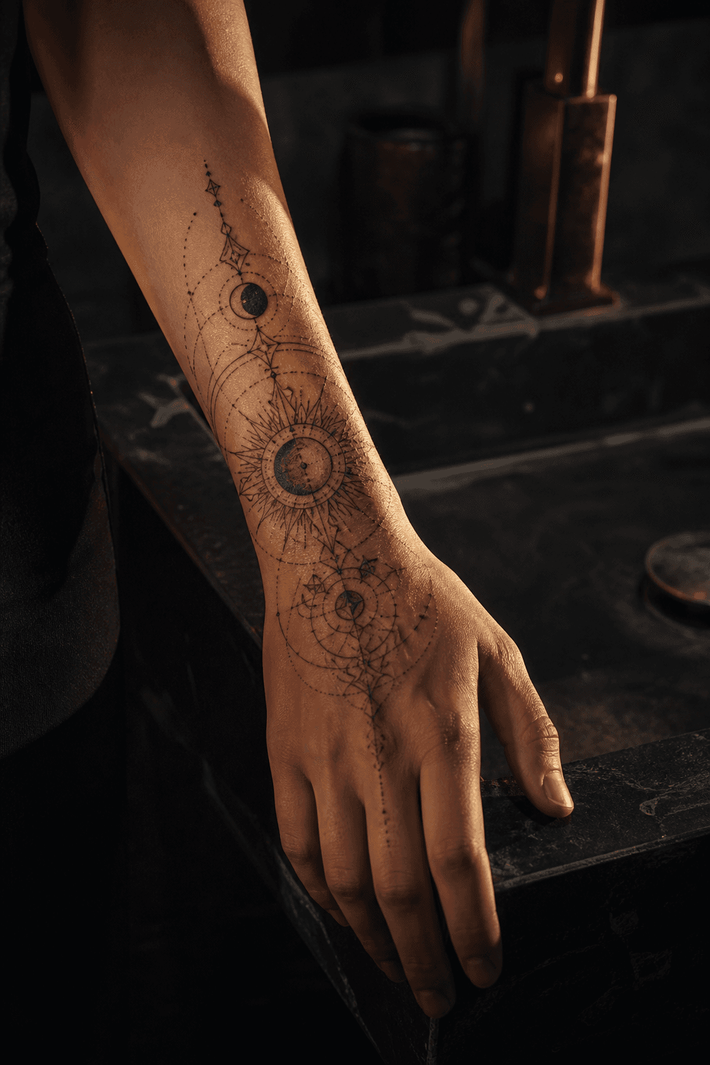 Celestial geometric tattoo on an adult wrist and lower forearm