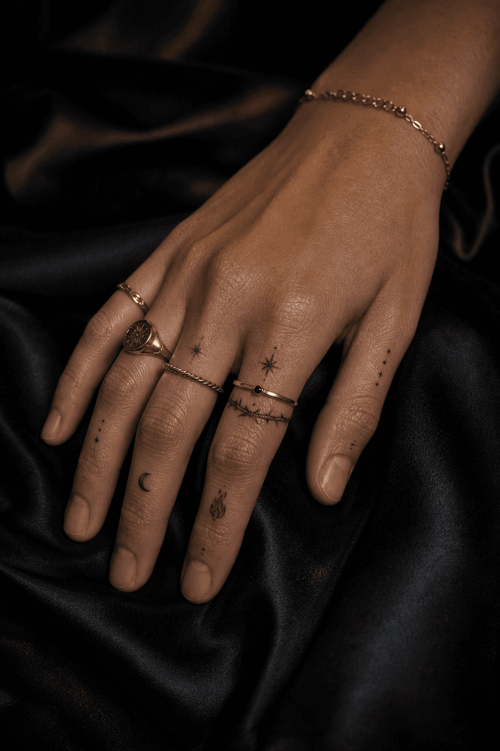 Small moon, flame, star, and thorn tattoos across adult fingers