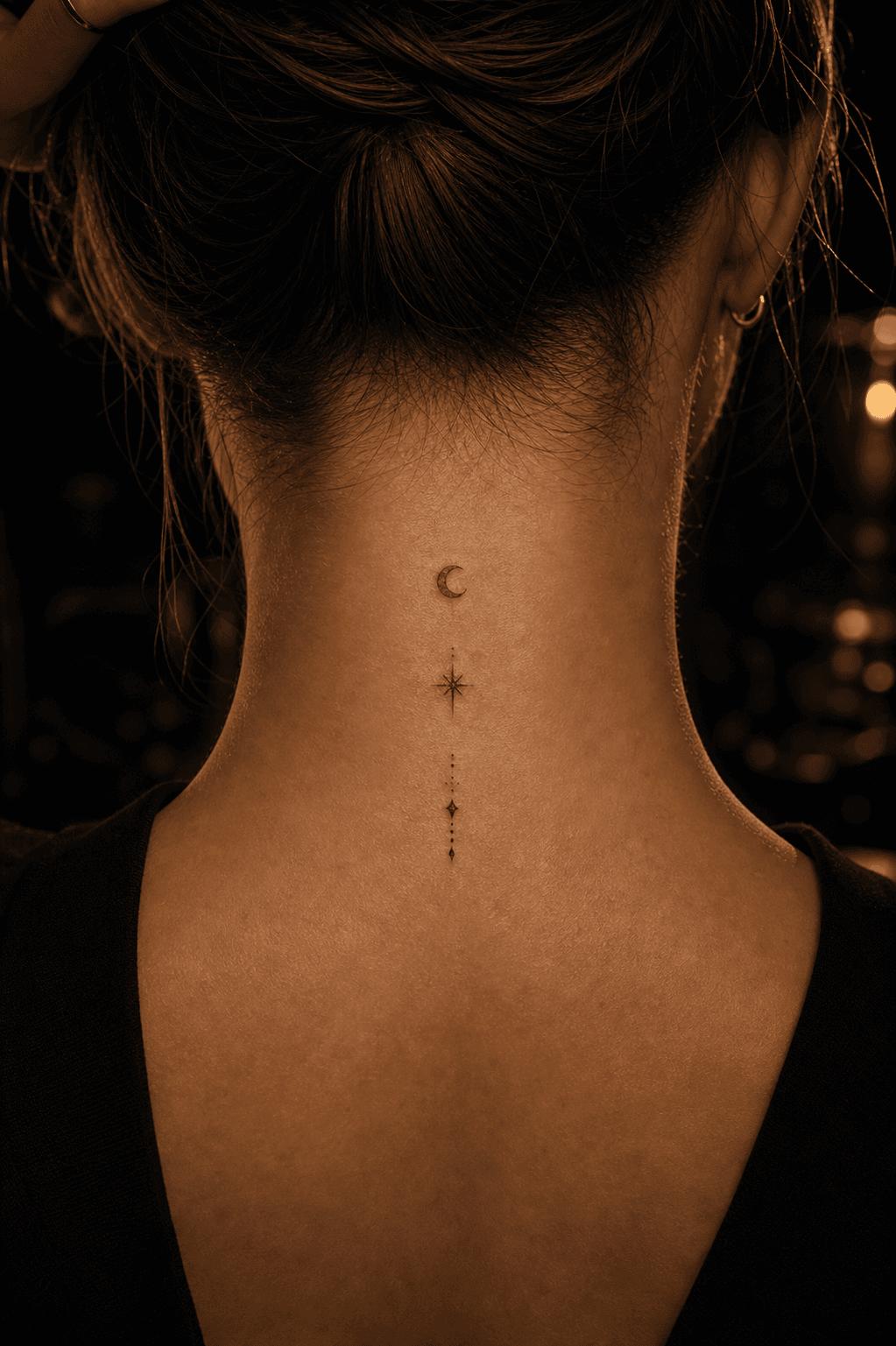 Tiny crescent and charm tattoos on the back of an adult neck