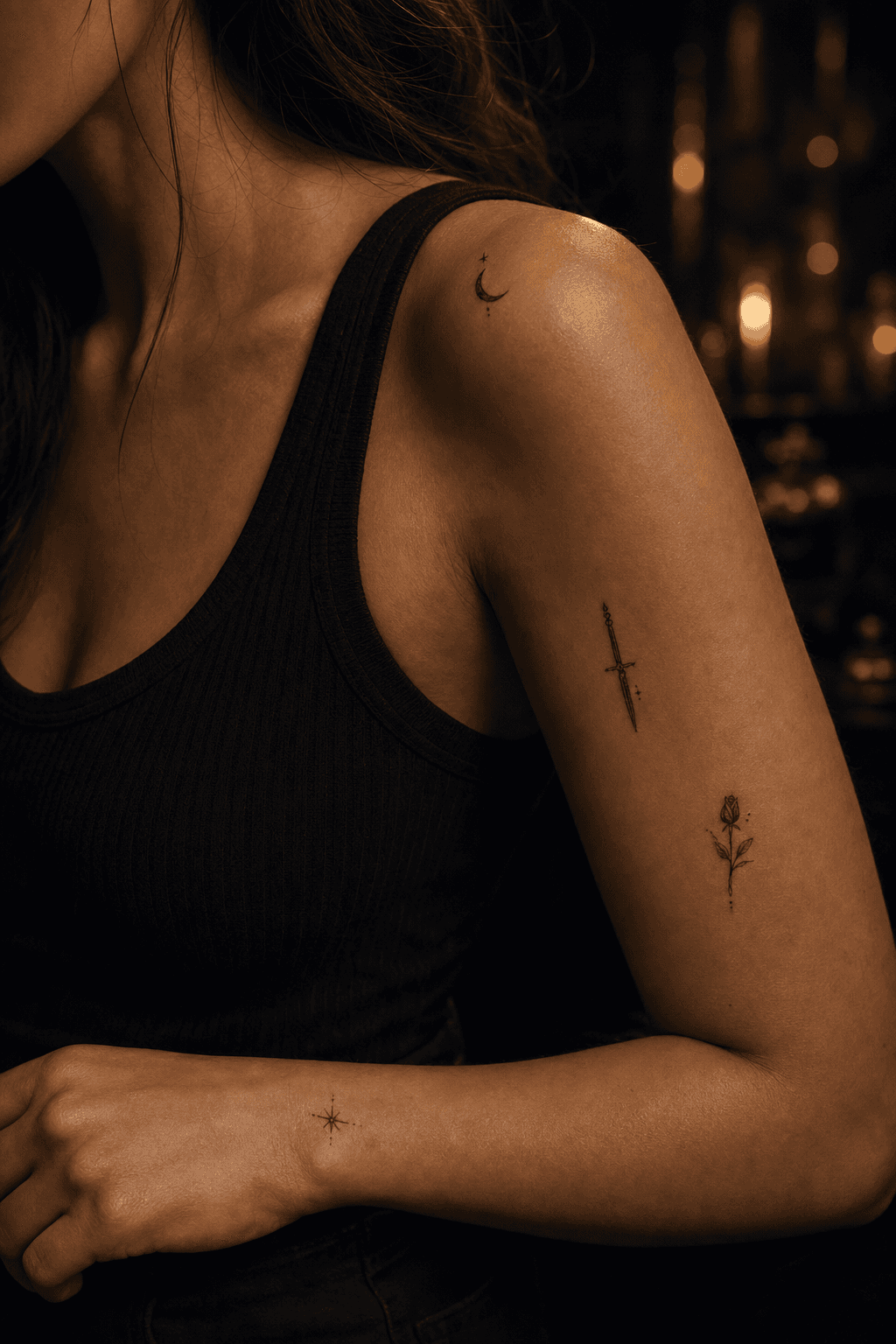 Small dispersed moon, dagger, rose, and star tattoos on an adult shoulder and arm