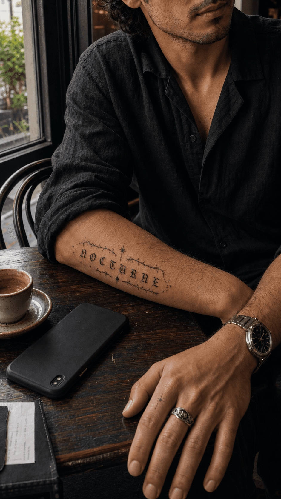 Adult man in a cafe with a blackletter Nocturne forearm tattoo