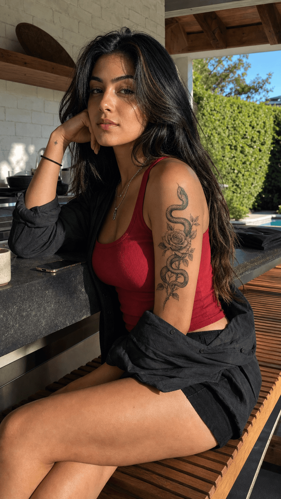 Adult woman on a sunny patio with a fine-line snake and rose upper-arm tattoo