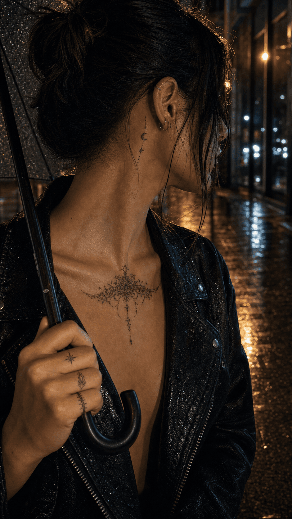 Adult person in a rainy street scene with collarbone and finger tattoos