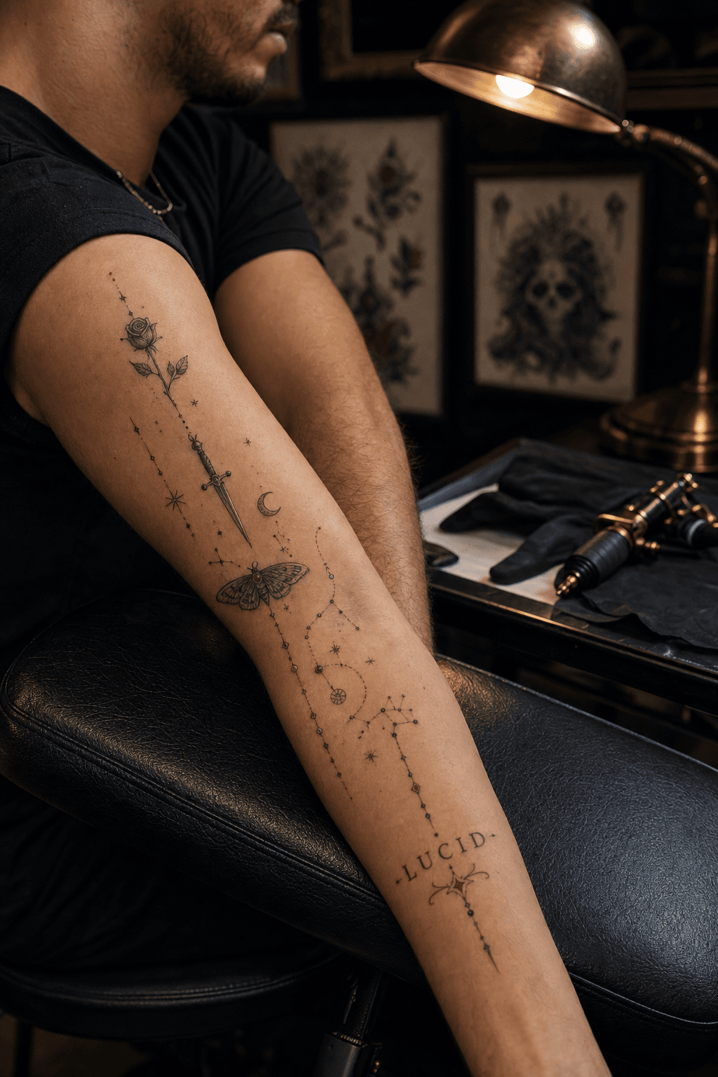 Adult forearm in a tattoo studio with small fine-line pieces and Lucid lettering